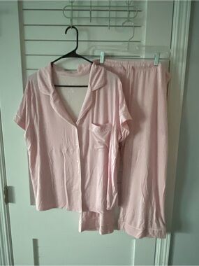 Auden Striped Pajama Set Pink and White Button Down Collared Top Capri Pant XL